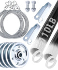 Heavy Duty Garage Door Extension Springs Kit With Three Inch Pulleys And Cables For Seven Foot Doors Double Loop Design 110 Pound Tension All In One Hardware Bundle For Smooth Operation, showing springs, pulleys, and cables.
