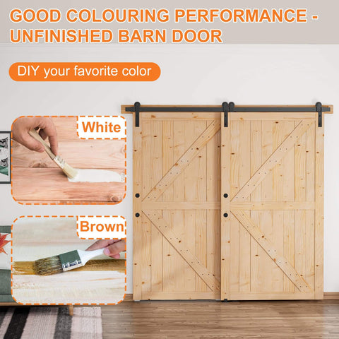 Double Sliding Barn Doors 42 Inch By 84 Inch With 8 Ft Single Track Bypass Hardware Kit Unfinished Spruce Wood on floor