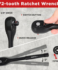 72-tooth ratchet wrench with 3/8 inch drive and quick release button in use, black CR-V steel, ergonomic handle design