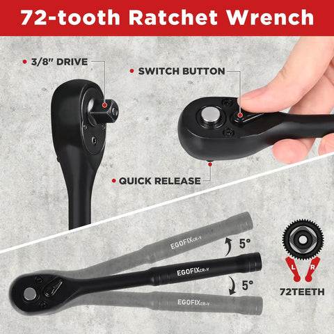 72-tooth ratchet wrench with 3/8 inch drive and quick release button in use, black CR-V steel, ergonomic handle design