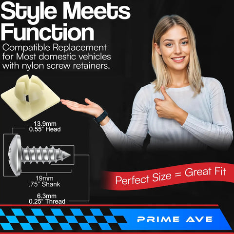 Image showing woman pointing at Stainless Steel License Plate Screws With Nylon Inserts and schematic with measurements.