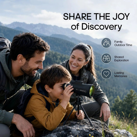 Lightweight 12x60 Monocular for Outdoor Hiking and Travel, Delivers Clear Long Distance Viewing in a Compact Pack, A Go To Outdoor Essential Gift for Men Dad Husband Teens Who Love Camping, Bird Watching, Sightseeing, Travel, and Concerts, family using tripod monocular in mountains