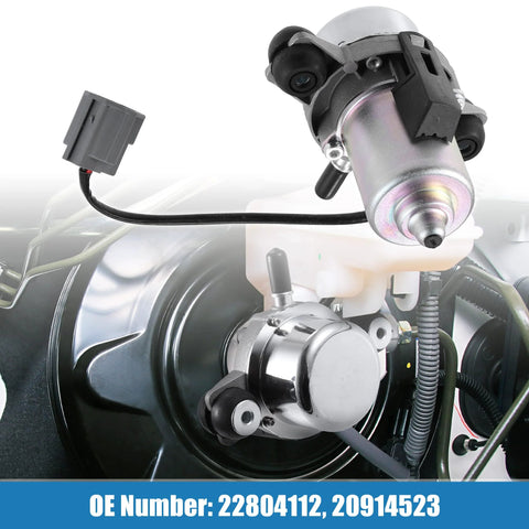 Brake vacuum pump assembly, front view; silver metal body with black connector and gray wiring harness plug.