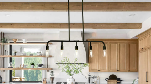 Exposed Bulb Five Light Linear Chandelier In Matte Black Metal, Industrial Style Hanging Fixture With 24 Inch Chains And 12 Inch Rods in kitchen