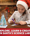 Santa's Christmas Science Workshop Kit For Kids Ages 8 Plus Hands On Holiday Experiments With Five Festive Projects Like Instant Snow, Growing Crystals, And Fun Chemistry Activities For Smart Holiday Learning. child in Santa hat making crystal tree craft