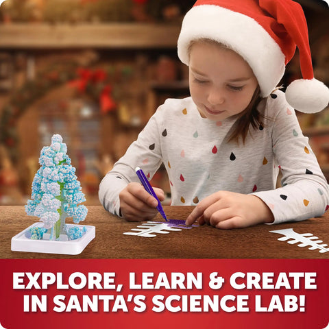 Santa's Christmas Science Workshop Kit For Kids Ages 8 Plus Hands On Holiday Experiments With Five Festive Projects Like Instant Snow, Growing Crystals, And Fun Chemistry Activities For Smart Holiday Learning. child in Santa hat making crystal tree craft