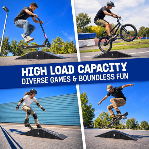 People using a Single-Piece Skateboard Ramp for Beginners, 44 inches long, for various tricks on scooters, bikes, and skateboards.