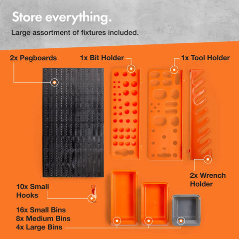 44 Piece Wall Mounted Pegboard Kit With Bins And Panel Set showing components including pegboards, tool holders, and storage bins.