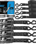 Heavy Duty Ratchet Straps 1.5 Inch By 15 Feet Locking S Hooks 5208 Lbs Break Strength High Tensile Polyester Webbing 4 Pack with hooks and storage.