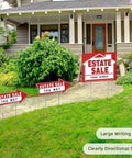 Estate Sale Signs Kit With Double Sided Arrows And Metal Stakes Includes Large And Small Signs Neon Fluorescent Pricing Stickers And SelfAdhesive Labels Go-To Yard Sale Directional Signage For Quick Customer Traffic. Red estate sale signs with metal stakes in front of a house