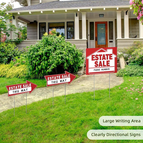 Estate Sale Signs Kit With Double Sided Arrows And Metal Stakes Includes Large And Small Signs Neon Fluorescent Pricing Stickers And SelfAdhesive Labels Go-To Yard Sale Directional Signage For Quick Customer Traffic. Red estate sale signs with metal stakes in front of a house
