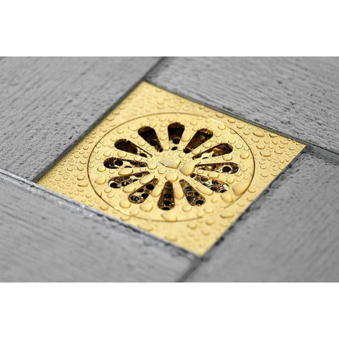 Brass Shower Drain 4 Inch Square Grid With Hair Strainer, Brushed Brass Finish, Solid Brass Construction, Floor Mounted