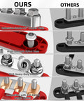 Heavy Duty Power Distribution Bus Bar Pair With Six M10 Studs And Twelve Lugs for off-grid solar connections, featuring copper plate and nylon base.