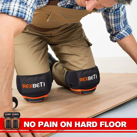 Heavy Duty Work Knee Pads For Men With Gel Foam Cushions Anti Slip Padding For Construction Gardening And Cleaning Thick Comfort Pad Secure Fit With Strong Stretch Straps And Thigh Support All Day Comfort Orange worn by man on floor