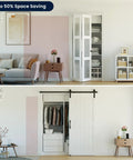 Heavy Duty Interior Bifold Closet Doors Fits 24 X 80 Inch Opening, Three Lite Tempered Frosted Glass Panels in modern living space.