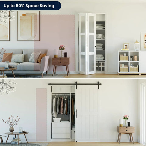 Heavy Duty Interior Bifold Closet Doors Fits 24 X 80 Inch Opening, Three Lite Tempered Frosted Glass Panels in modern living space.