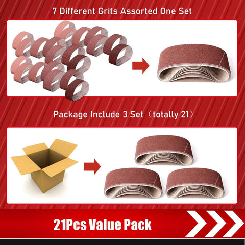 3 By 21 Inch Sanding Belt Set Pro Grade Aluminum Oxide Grits 40 60 80 120 180 240 400 21 Pieces for Belt Sander packaging