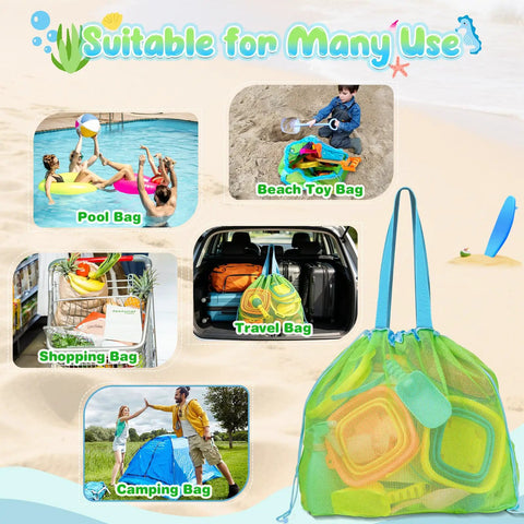 Image showing uses for Oversized Mesh Beach Bag For Sand Toys And Pool Essentials 26 Inch Tote Perfect For Shovels Buckets Towels.