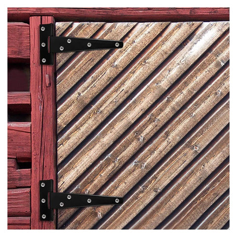 Beefed-Up Heavy Duty 6 By 5 Inch Black Rustproof Iron T Shaped Triangle Hinges on wooden shed door
