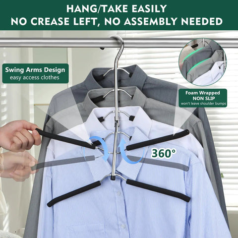 Multi Level Space Saving Closet Hangers With Plush Non Slip Foam Coating And Heavy Duty Black Steel Arms Hang Tight To Your Favorite Knits And Tees Without Shoulder Indents While Maximizing Rack Real Estate