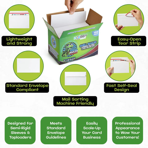 Shell Mailer Incognito Trading Card Envelopes, 100 Pack, features and benefits illustrated on packaging