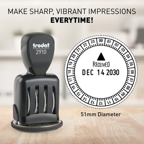 Top Shelf Twenty Four Hour Time And Date Stamp Featuring Solid Ten Year Bands And Snappy Received Arrow Design For Straight Up Effortless Office Paperwork And Quick Daily Tracking, showing black stamp with 51mm diameter.