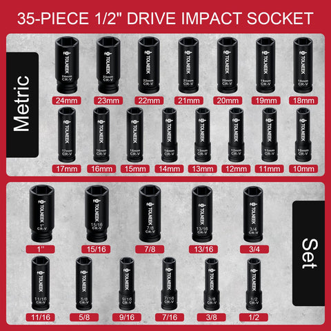 35-Piece 1/2 Inch Drive Impact Socket Set, metric and SAE sizes, visible in image.