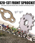 420 Chain With 120 Links And 420 13T 35 Tooth Sprocket Set For 50cc To 170cc Dirt Bikes ATVs Go Karts And Mini Bikes Upgrade Your Drivetrain Fits CRF150 YZ80 SSR Lifan Coolster And More. Image of 420-13T front sprocket with yellow spacer and screws, featuring various dirt bikes.