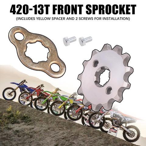 420 Chain With 120 Links And 420 13T 35 Tooth Sprocket Set For 50cc To 170cc Dirt Bikes ATVs Go Karts And Mini Bikes Upgrade Your Drivetrain Fits CRF150 YZ80 SSR Lifan Coolster And More. Image of 420-13T front sprocket with yellow spacer and screws, featuring various dirt bikes.