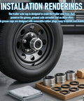 Two Pack Heavy Duty Trailer Axle Wheel Hub Dust Caps Bearing Center Replacement Cup With Four Rubber Plugs Fit Most 2500 To 3000 Lb Axles EZ Lube For Standard Trailer Hubs shown installed on tire