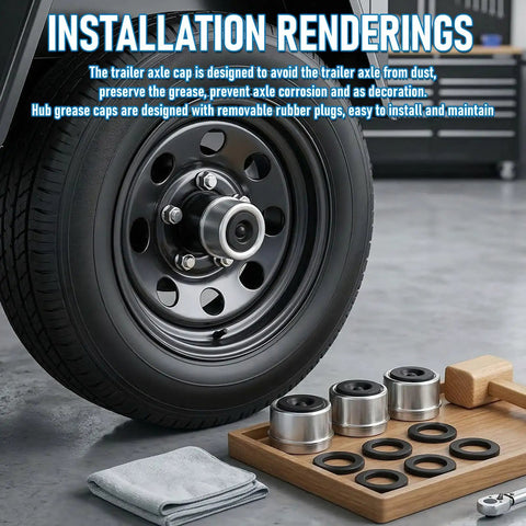 Two Pack Heavy Duty Trailer Axle Wheel Hub Dust Caps Bearing Center Replacement Cup With Four Rubber Plugs Fit Most 2500 To 3000 Lb Axles EZ Lube For Standard Trailer Hubs shown installed on tire