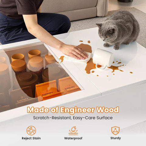 44 Inch LED Coffee Table With 3 Drawers, LED Lights, USB Charging Station, white surface with coffee spill, cat observing