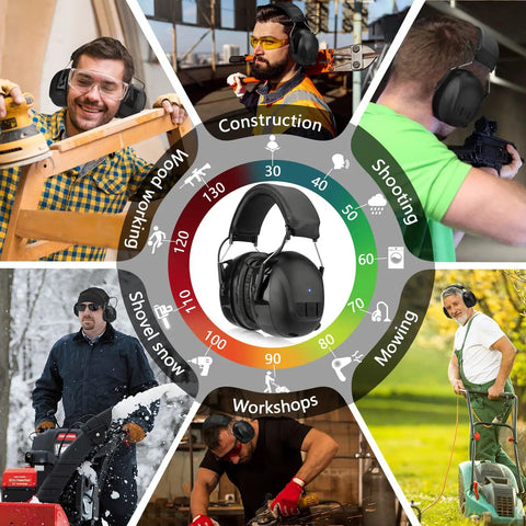 Gel Ear Cushions Bluetooth Five Point Four Hearing Protection Headphones With 30 dB Noise Cancellation And One Thousand Two Hundred mAh Rechargeable Safety Earmuffs For Mowing And Other Rough Outdoor Jobs, displayed in various outdoor work settings.