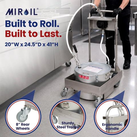 Heavy Duty Hand Cranked Deep Fryer Oil Filter Machine For 75 Pound Capacity with ergonomic handle and wheels in kitchen.