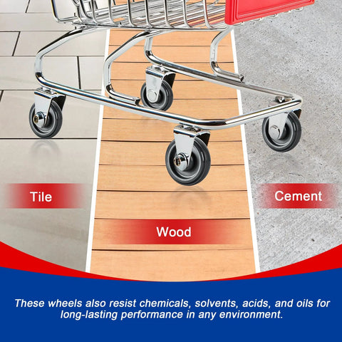 Shopping Cart Replacement Wheels Kit 12 Pack 5 Inch TPU Silent Supermarket Casters With Double Ball Bearings shown on various floors
