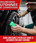Person applying tire dressing from All In One Tire Shine And Cleaner Kit With 16 Ounce Spray For Long Lasting Gloss