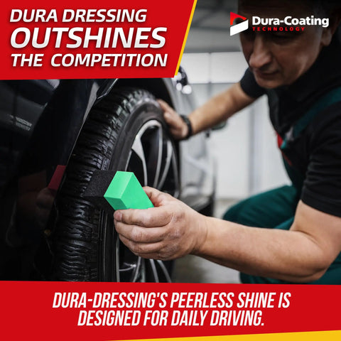 Person applying tire dressing from All In One Tire Shine And Cleaner Kit With 16 Ounce Spray For Long Lasting Gloss