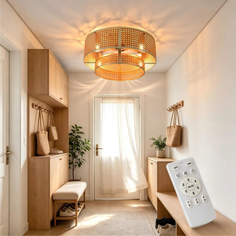 FUMLTP Boho Caged Ceiling Fans with Lights, Remote Control, Flush Mount in a stylish foyer setting with wooden furniture.
