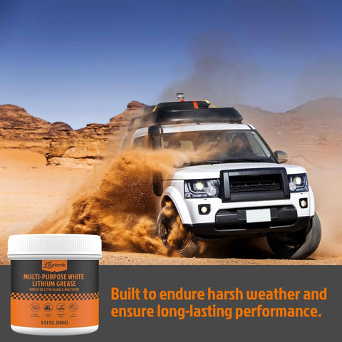 Multi-Purpose White Lithium Grease tub with orange label, 3.52 oz, beside a white off-road SUV in desert dust.