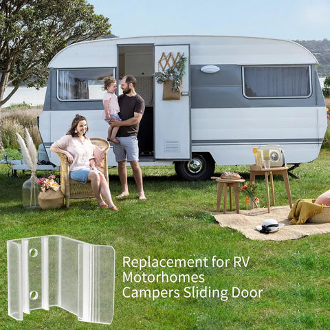 Heavy Duty Universal RV Sliding Closet Door Latches With Slick Hardware Kit for setup, seen with RV and family.