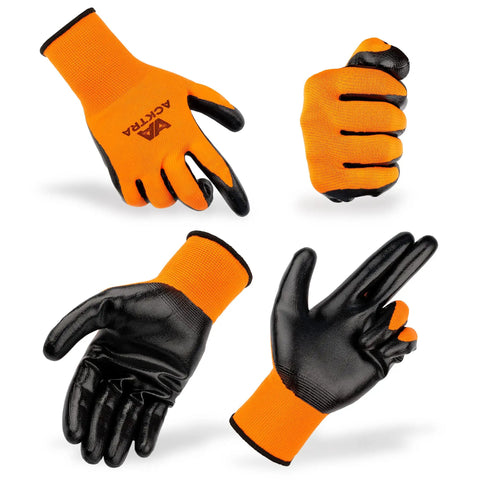Orange and black gloves showcasing grip and flexibility, similar to Ultra Thin PU Safety Work Gloves 12 Pairs Black Large Model WG002.
