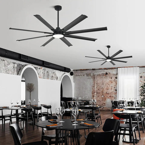 Industrial style dining room with Beefy 72 Inch Ceiling Fan With Light, Industrial Style With 8 Aluminum Blades, Indoor Outdoor Black, installed
