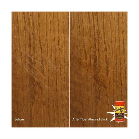 Slick Wood Scratch Remover And Furniture Touch Up Kit Dang Quick Nontoxic Almond Paste Odorless Fixer For Cabinets And Antiques Vinyl Repair 2 Pack Set before and after comparison on wooden surface.