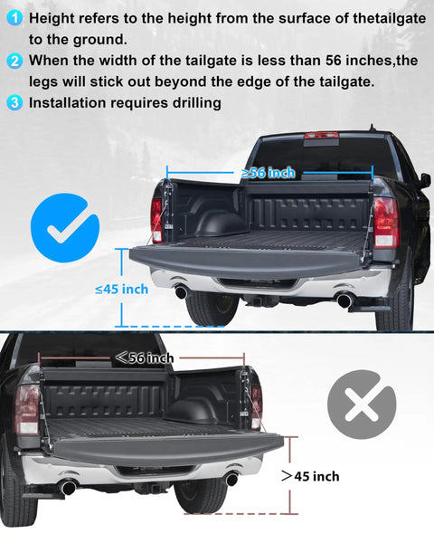Rotatable Tailgate Ladder For Pickup Trucks, Grab-And-Go Heavy Duty 600 Lb Capacity, Easy Fold Design, Universal Fit For Most Trucks Up To 45 Inch Tailgate Height, Requires 56 Inch Wide Tailgate For Proper Closure; pickup tailgate fit guide
