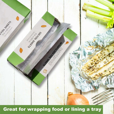Premium Aluminum Foil Sheets 9 By 10.75 Inches, 1000 Sheets displayed with vegetables and wrapped food