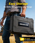 Carrying case labeled 'Grease Gun' for 2-In-1 Electric Grease Gun Kit With 12000 PSI Cordless Power, shown in use outdoors