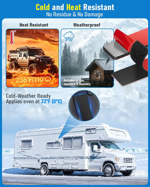 Heavy Duty Adhesive Hook And Loop Strips That Totally Crush It For Indoor Outdoor Wall Mounts With Industrial Strength Waterproof Hold That Sticks Like Crazy Without Any Tools Or Messy Drilling Needed displayed on a snowy RV showcasing cold and heat resistance.