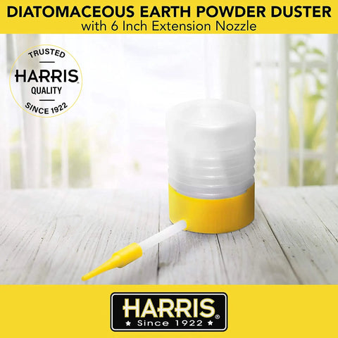 Diatomaceous Earth Powder Duster with 6 Inch Extension Nozzle on wooden surface, ideal for indoor and outdoor DE application.