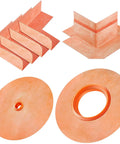 Eight Piece Pro Grade Waterproof Shower Seal Kit with inside and outside corner seals, pipe and mixing valve seals, shown laid out.