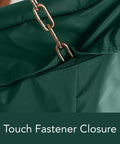 Close-up of touch fastener closure on Weatherproof Outdoor Swing Cover With Tough As Nails Vinyl And Polyester Lining, Green.